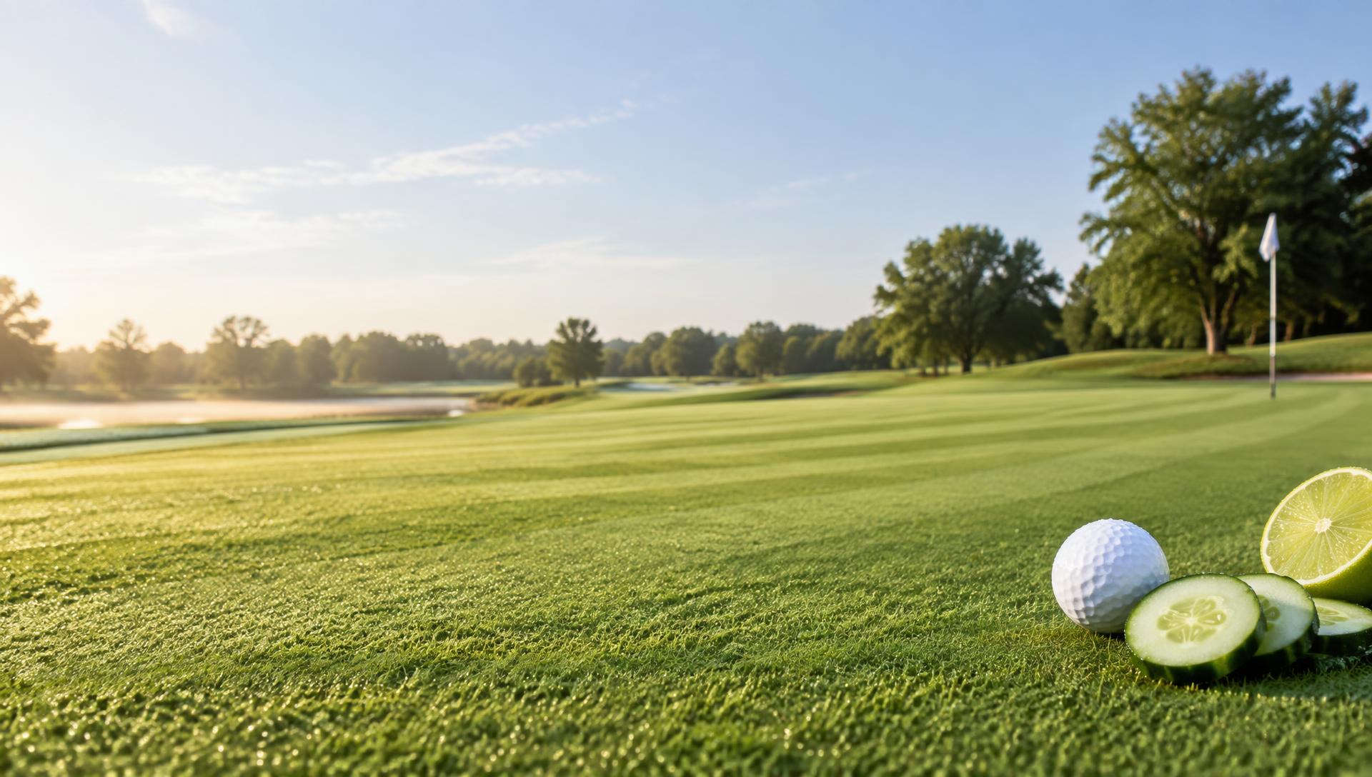 Sunlit golf green with a golf ball, cucumber, and lime